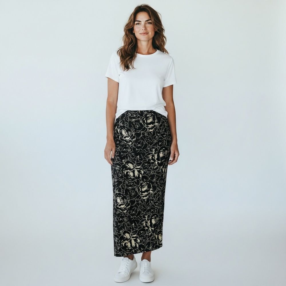 100% Silk Maggy London Black Floral Midi Skirt